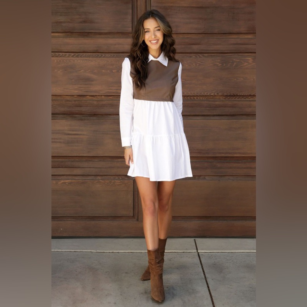 (52512-WHT/CML) LONG SLEEVE ZIP-UP DRESS WITH PU VEST CONTRAST - Picture 2 of 4